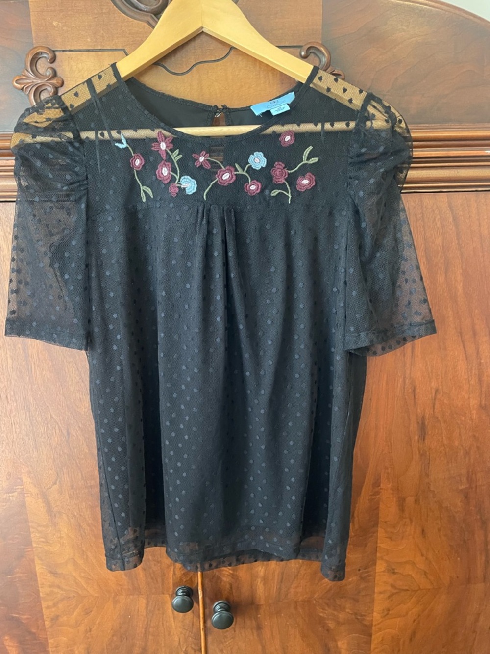 CeCe Black Sheer Dot Blouse with Embroidered Floral Yoke